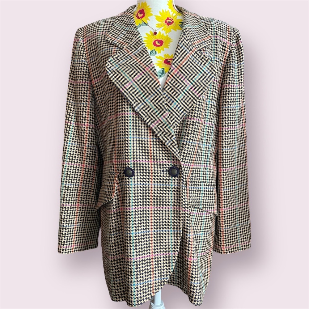 Vintage Liz Claiborne Houndstooth Plaid Boyfriend Blazer Silk/Wool | Size 14